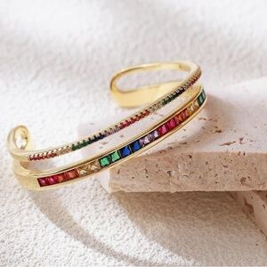 NEW 14k Gold Plated Cubic Zirconia Open Bangle with Multicolor Gemstones